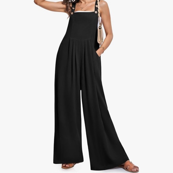 Pants - Black Wide Leg Jumpsuit with Adjustable Straps Linen XL short